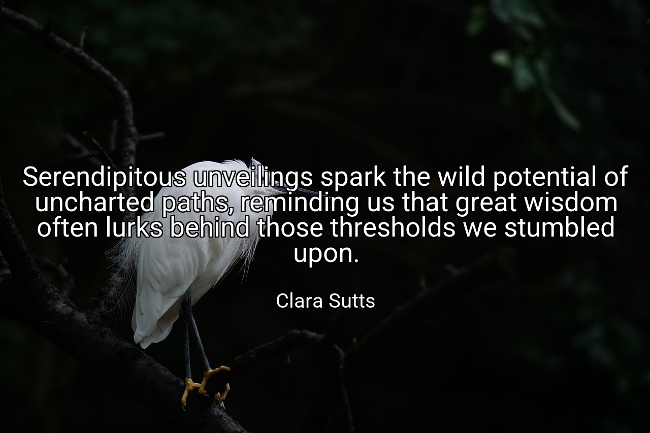 Serendipitous unveilings spark the wild potential of uncharted paths, reminding us that great wisdom often lurks behind those thresholds we stumbled upon. - Clara Sutts