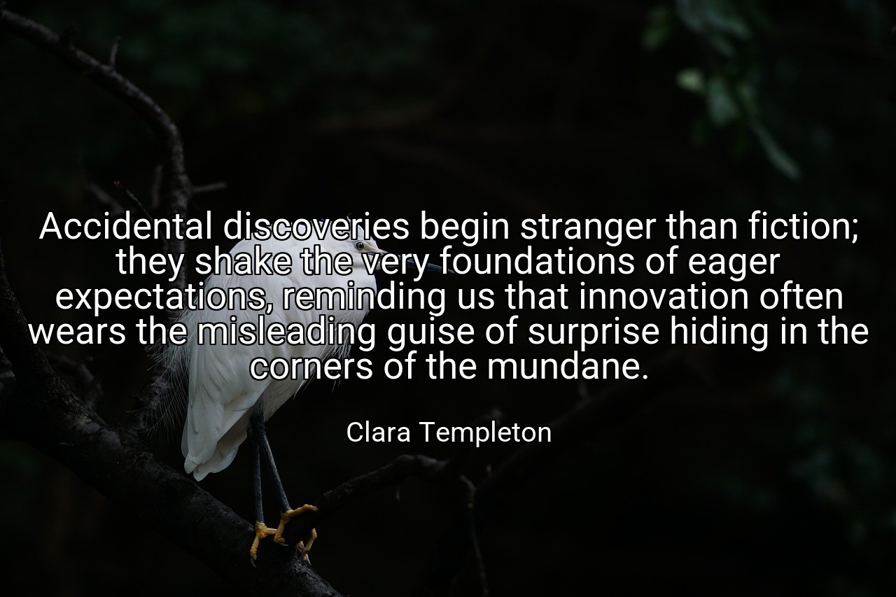 Accidental discoveries begin stranger than fiction; they shake the very foundations of eager expectations, reminding us that innovation often wears the misleading guise of surprise hiding in the corners of the mundane. - Clara Templeton