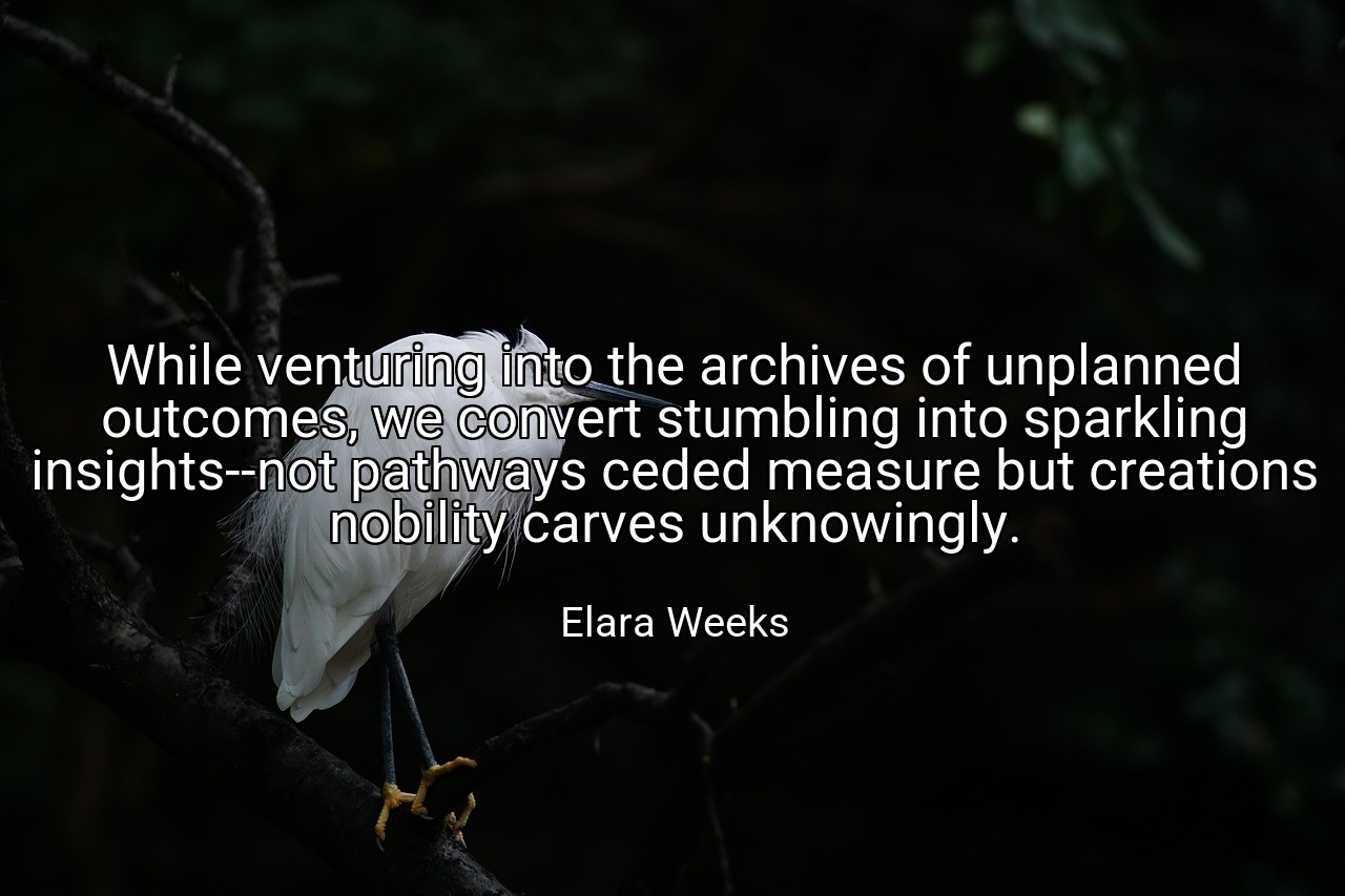 While venturing into the archives of unplanned outcomes, we convert stumbling into sparkling insights--not pathways ceded measure but creations nobility carves unknowingly. - Elara Weeks