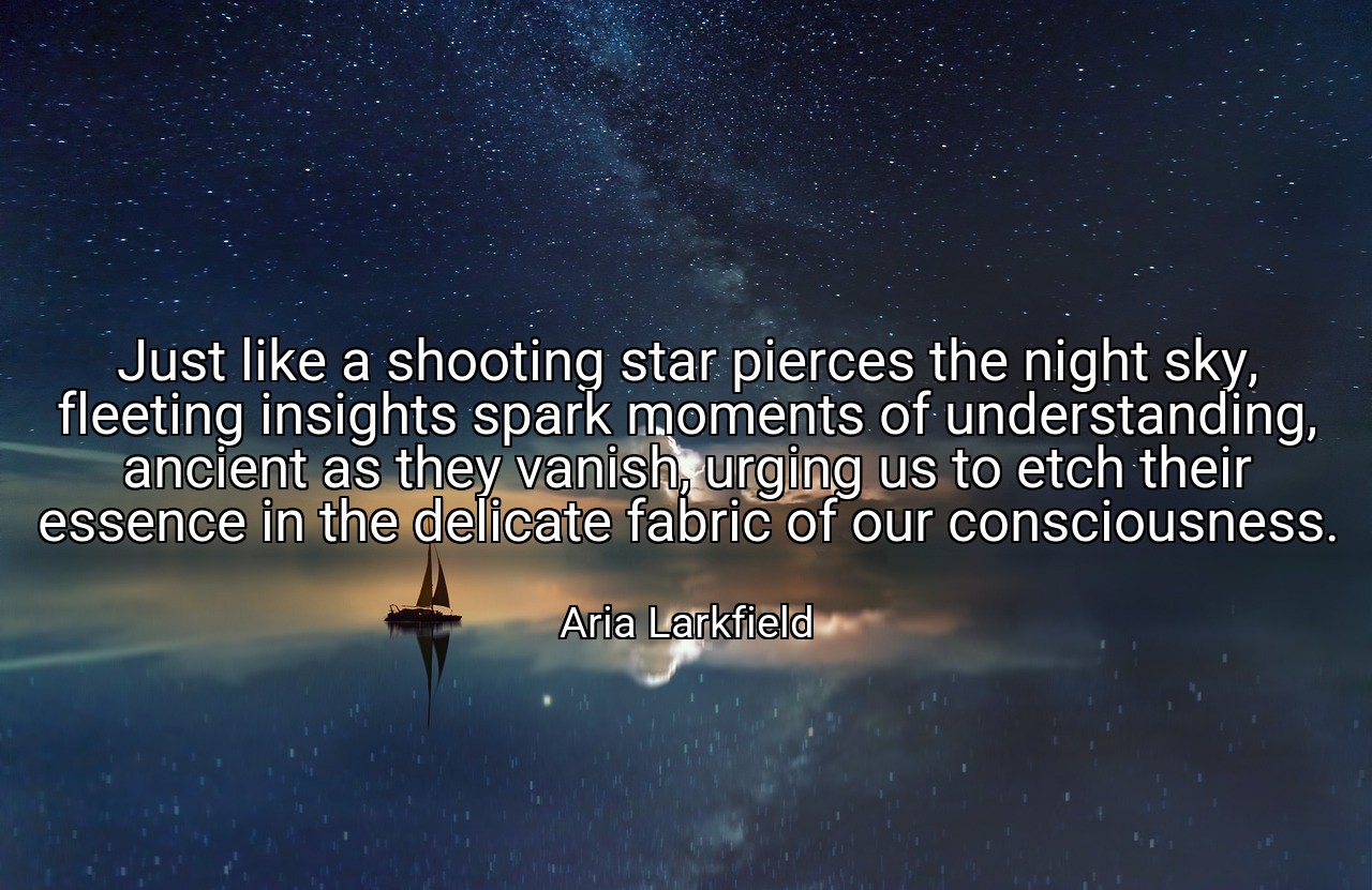Just like a shooting star pierces the night sky, fleeting insights spark moments of understanding, ancient as they vanish, urging us to etch their essence in the delicate fabric of our consciousness. - Aria Larkfield
