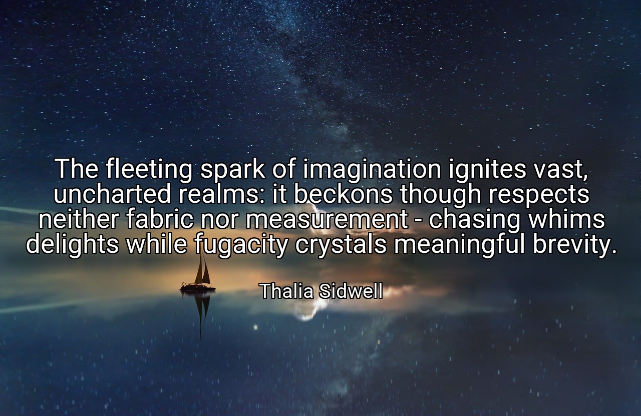 The fleeting spark of imagination ignites vast, uncharted realms: it beckons though respects neither fabric nor measurement - chasing whims delights while fugacity crystals meaningful brevity. - Thalia Sidwell