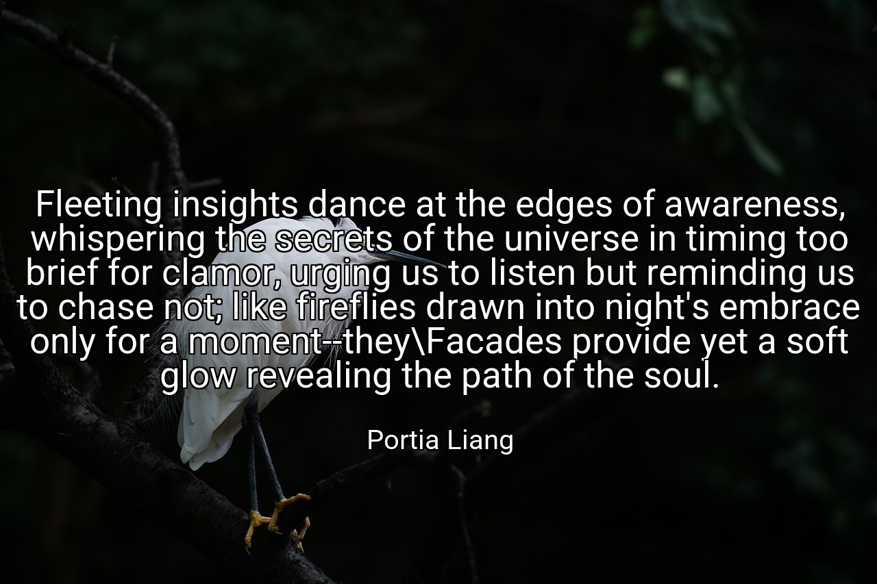 Fleeting insights dance at the edges of awareness, whispering the secrets of the universe in timing too brief for clamor, urging us to listen but reminding us to chase not; like fireflies drawn into night's embrace only for a moment--they\Facades provide yet a soft glow revealing the path of the soul. - Portia Liang
