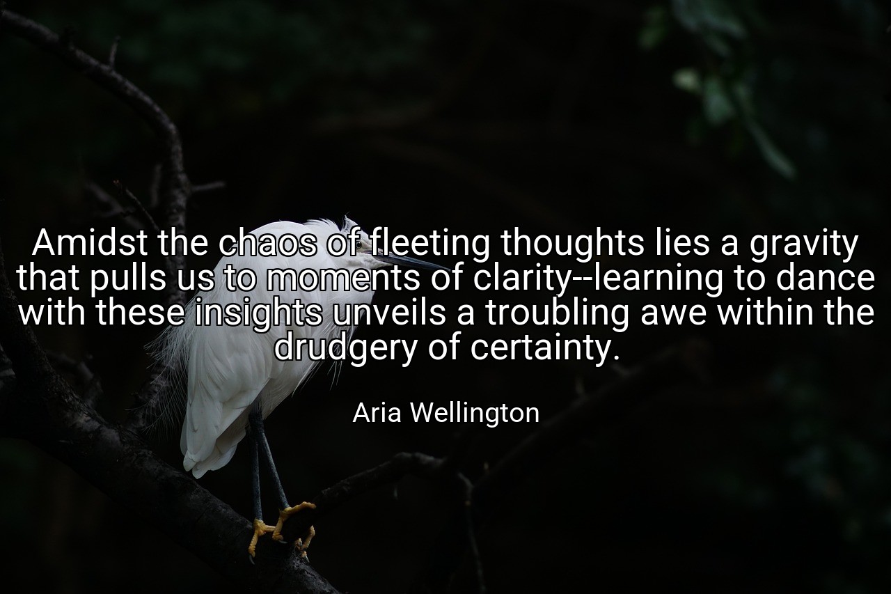 Amidst the chaos of fleeting thoughts lies a gravity that pulls us to moments of clarity--learning to dance with these insights unveils a troubling awe within the drudgery of certainty. - Aria Wellington