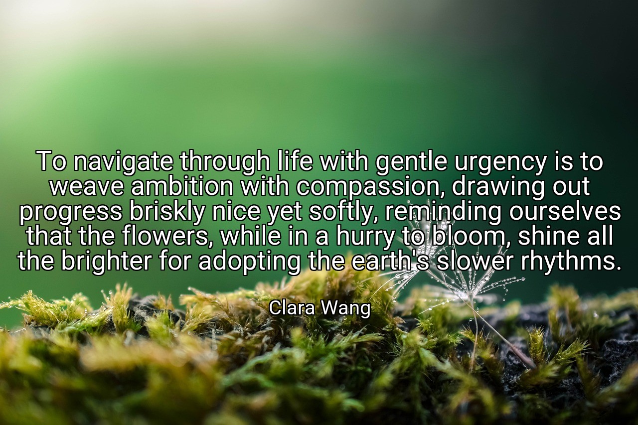 To navigate through life with gentle urgency is to weave ambition with compassion, drawing out progress briskly nice yet softly, reminding ourselves that the flowers, while in a hurry to bloom, shine all the brighter for adopting the earth's slower rhythms. - Clara Wang