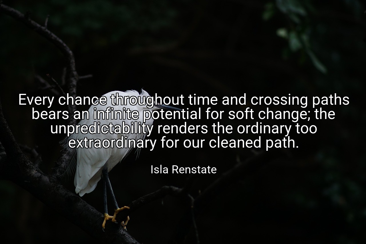Every chance throughout time and crossing paths bears an infinite potential for soft change; the unpredictability renders the ordinary too extraordinary for our cleaned path. - Isla Renstate