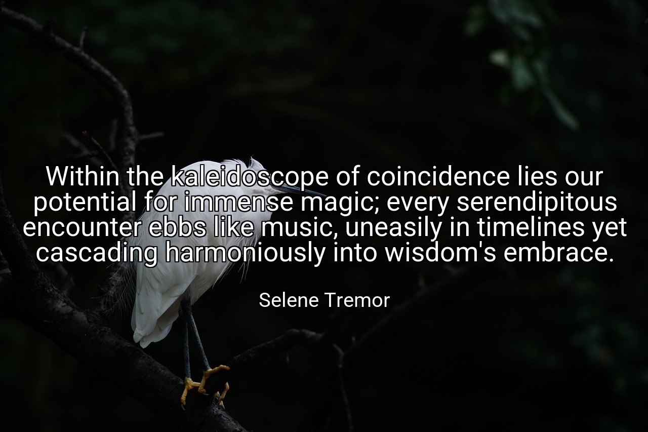 Within the kaleidoscope of coincidence lies our potential for immense magic; every serendipitous encounter ebbs like music, uneasily in timelines yet cascading harmoniously into wisdom's embrace. - Selene Tremor