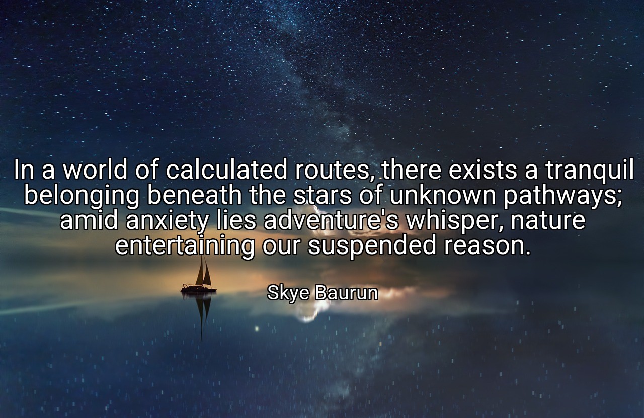 In a world of calculated routes, there exists a tranquil belonging beneath the stars of unknown pathways; amid anxiety lies adventure's whisper, nature entertaining our suspended reason. - Skye Baurun