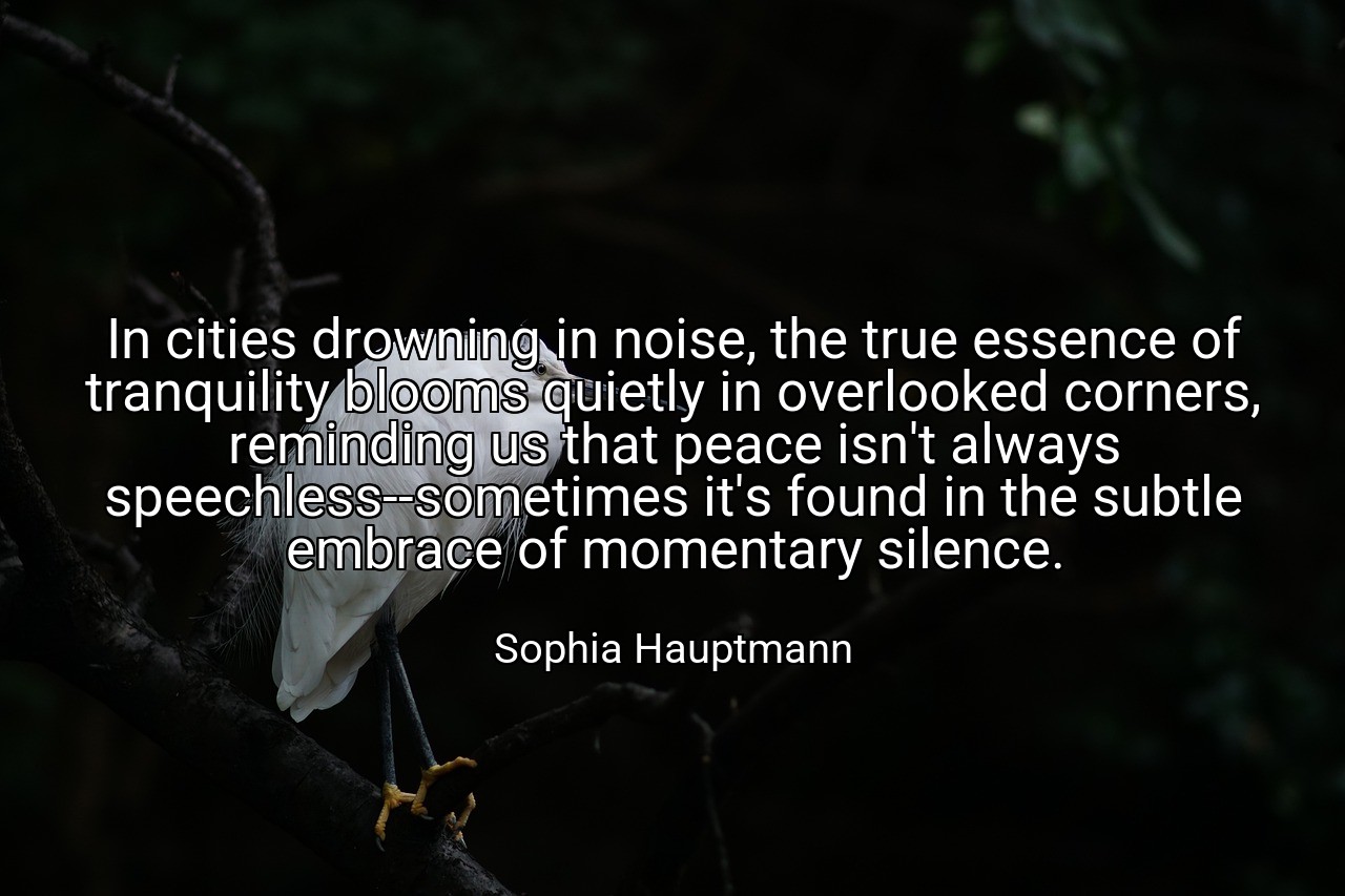 In cities drowning in noise, the true essence of tranquility blooms quietly in overlooked corners, reminding us that peace isn't always speechless--sometimes it's found in the subtle embrace of momentary silence. - Sophia Hauptmann