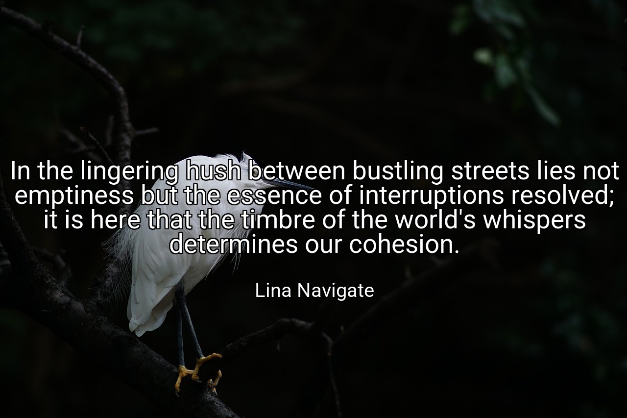 In the lingering hush between bustling streets lies not emptiness but the essence of interruptions resolved; it is here that the timbre of the world's whispers determines our cohesion. - Lina Navigate