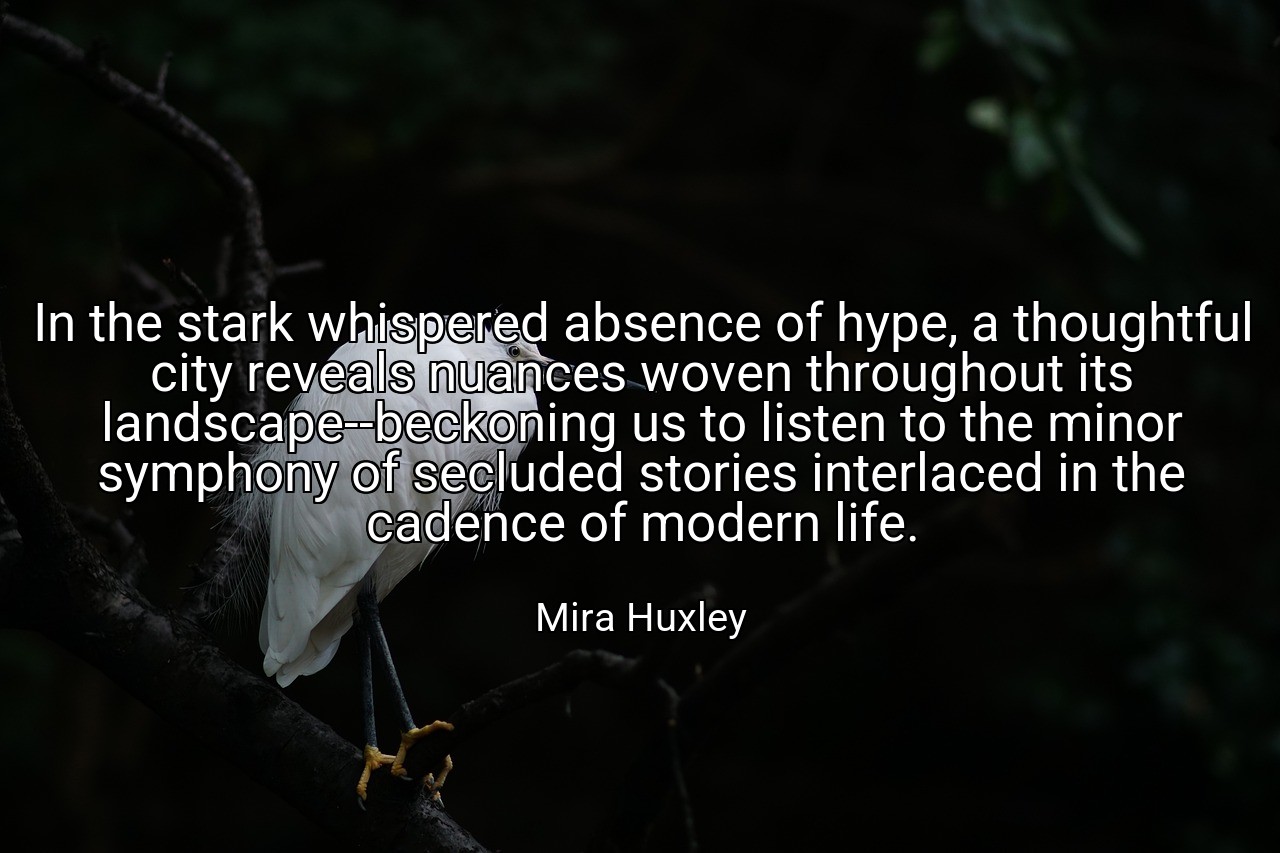 In the stark whispered absence of hype, a thoughtful city reveals nuances woven throughout its landscape--beckoning us to listen to the minor symphony of secluded stories interlaced in the cadence of modern life. - Mira Huxley