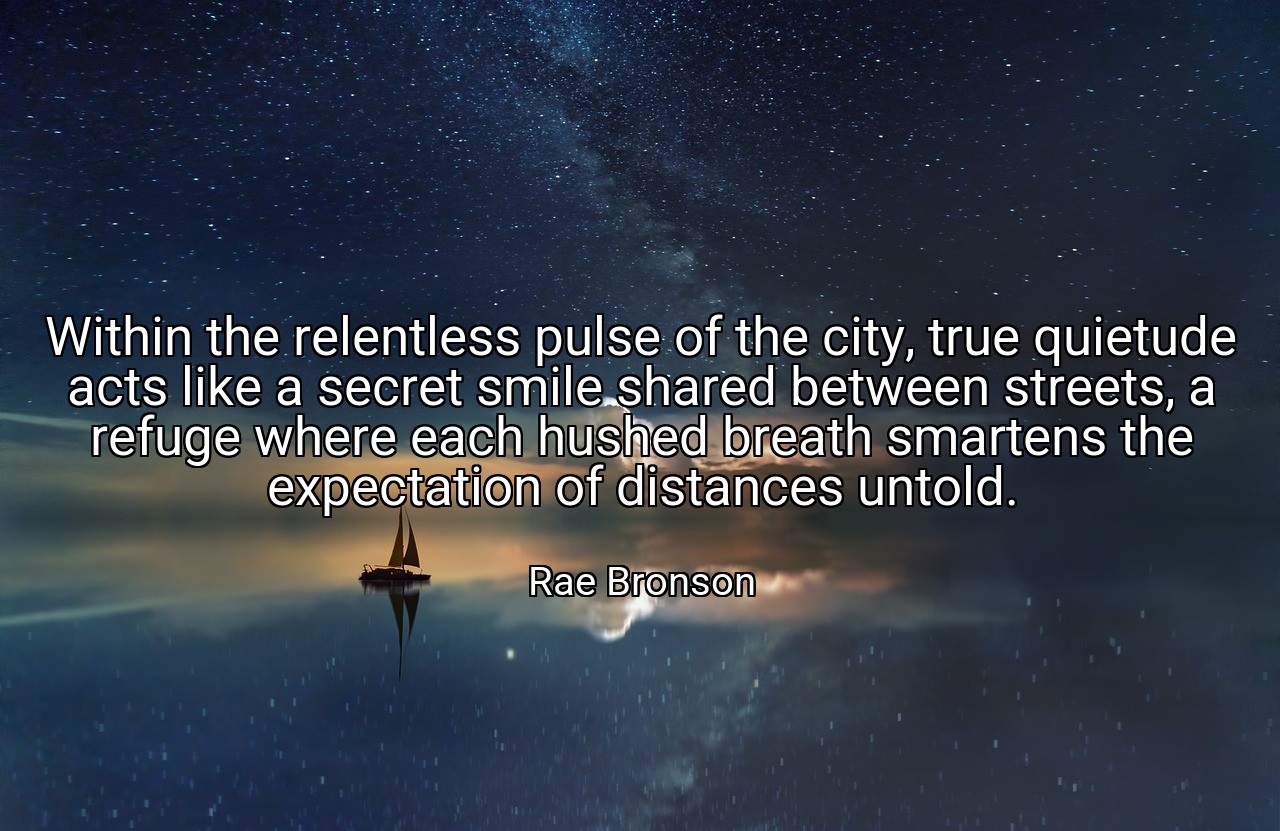 Within the relentless pulse of the city, true quietude acts like a secret smile shared between streets, a refuge where each hushed breath smartens the expectation of distances untold. - Rae Bronson