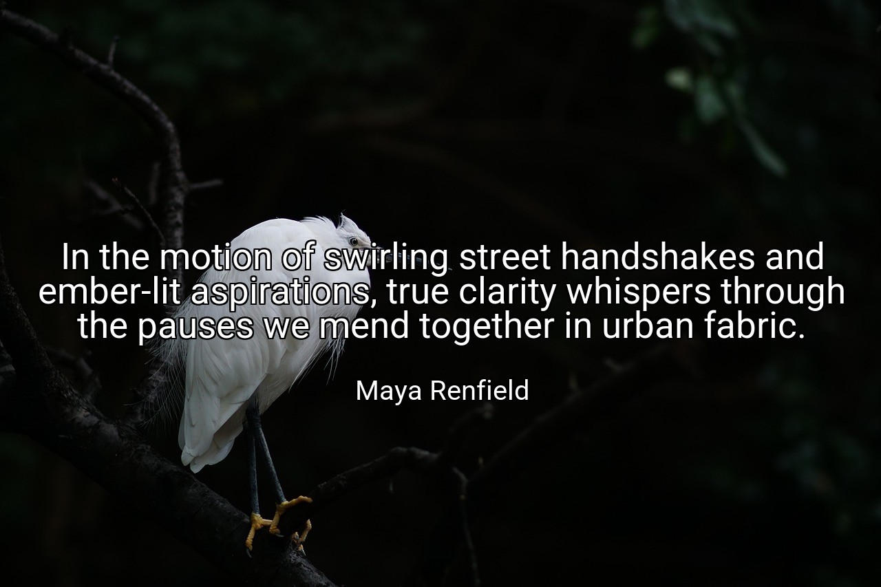 In the motion of swirling street handshakes and ember-lit aspirations, true clarity whispers through the pauses we mend together in urban fabric. - Maya Renfield