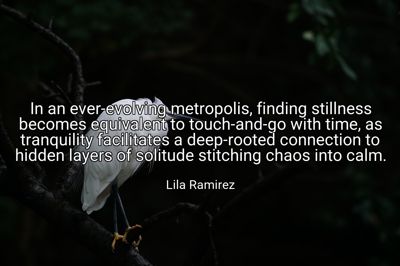 In an ever-evolving metropolis, finding stillness becomes equivalent to touch-and-go with time, as tranquility facilitates a deep-rooted connection to hidden layers of solitude stitching chaos into calm. - Lila Ramirez