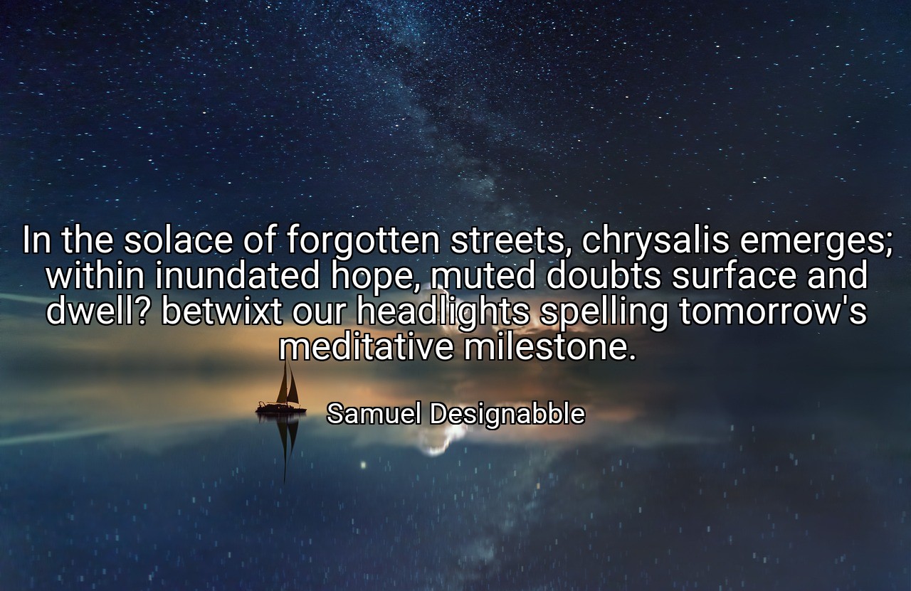 In the solace of forgotten streets, chrysalis emerges; within inundated hope, muted doubts surface and dwell? betwixt our headlights spelling tomorrow's meditative milestone. - Samuel Designabble