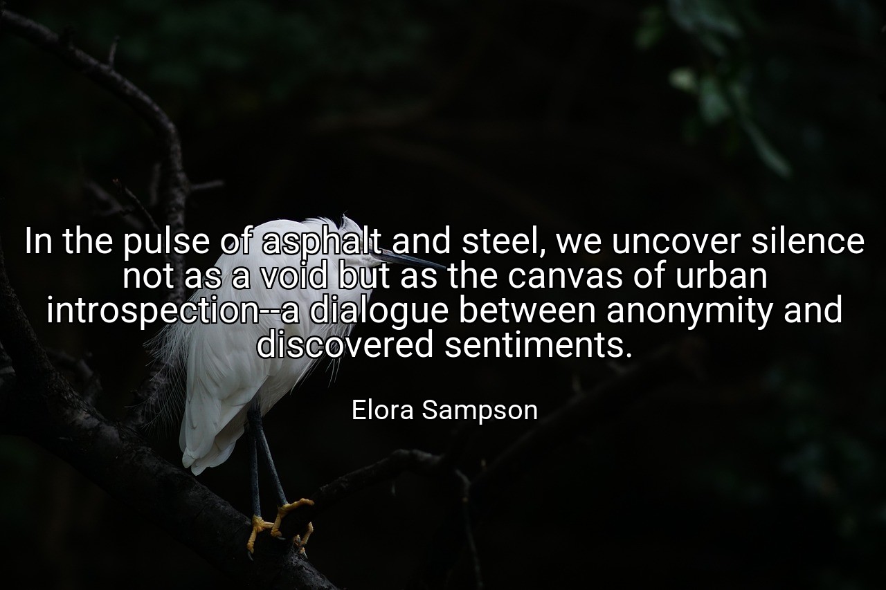 In the pulse of asphalt and steel, we uncover silence not as a void but as the canvas of urban introspection--a dialogue between anonymity and discovered sentiments. - Elora Sampson