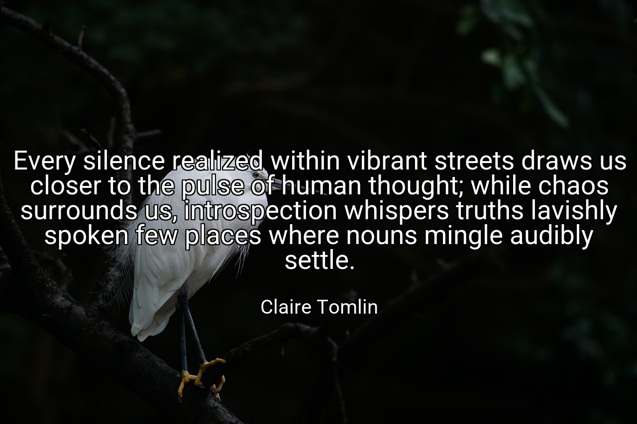 Every silence realized within vibrant streets draws us closer to the pulse of human thought; while chaos surrounds us, introspection whispers truths lavishly spoken few places where nouns mingle audibly settle. - Claire Tomlin