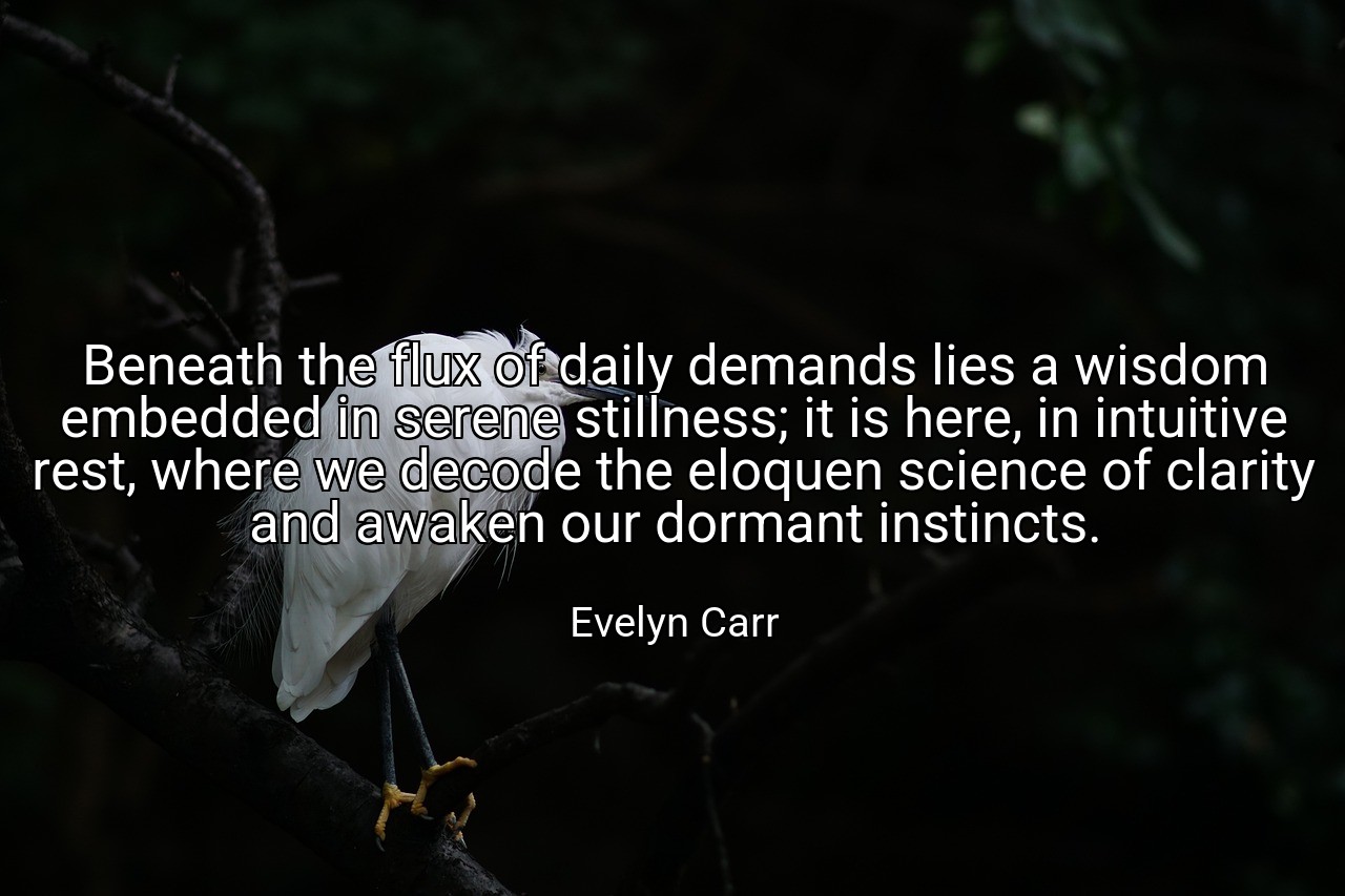 Beneath the flux of daily demands lies a wisdom embedded in serene stillness; it is here, in intuitive rest, where we decode the eloquen science of clarity and awaken our dormant instincts. - Evelyn Carr