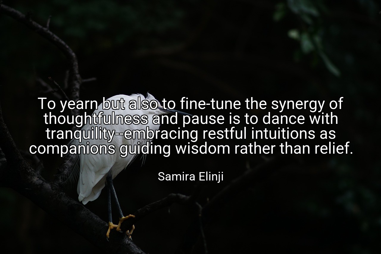 To yearn but also to fine-tune the synergy of thoughtfulness and pause is to dance with tranquility--embracing restful intuitions as companions guiding wisdom rather than relief. - Samira Elinji