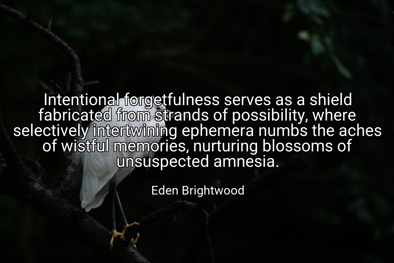 Intentional forgetfulness serves as a shield fabricated from strands of possibility, where selectively intertwining ephemera numbs the aches of wistful memories, nurturing blossoms of unsuspected amnesia. - Eden Brightwood