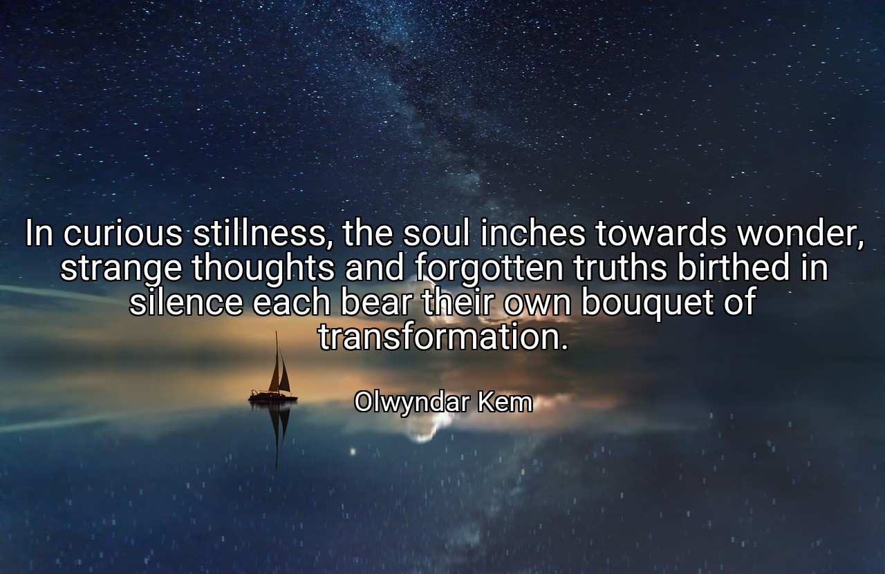 In curious stillness, the soul inches towards wonder, strange thoughts and forgotten truths birthed in silence each bear their own bouquet of transformation. - Olwyndar Kem