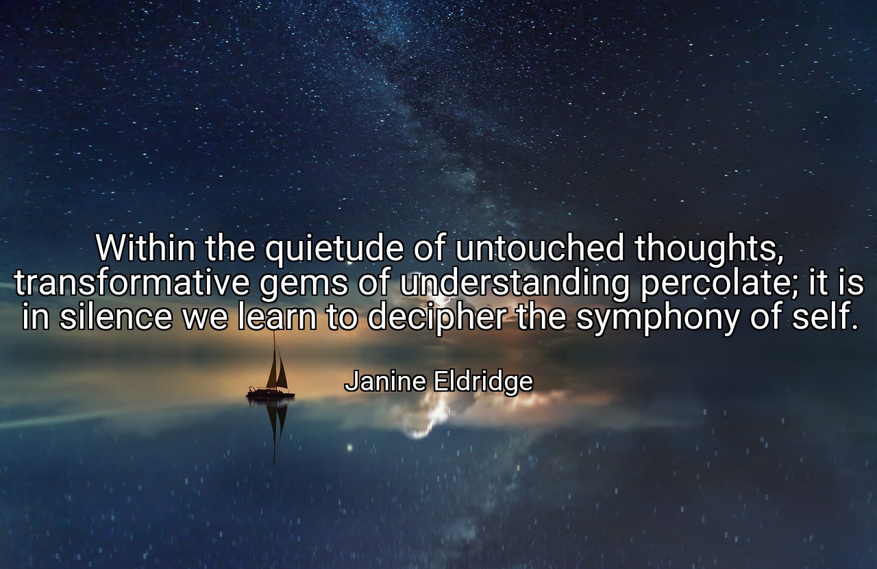 Within the quietude of untouched thoughts, transformative gems of understanding percolate; it is in silence we learn to decipher the symphony of self. - Janine Eldridge