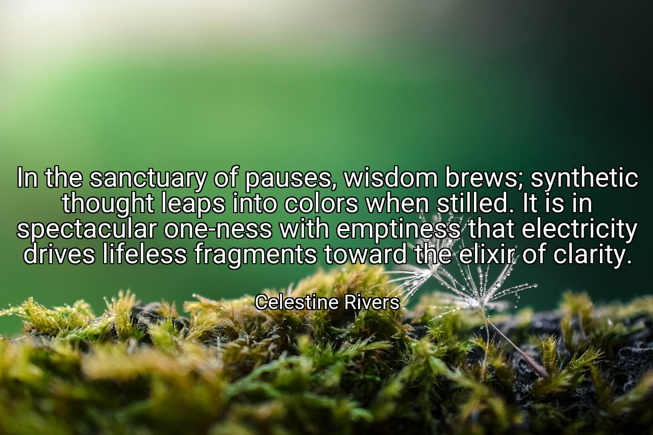 In the sanctuary of pauses, wisdom brews; synthetic thought leaps into colors when stilled. It is in spectacular one-ness with emptiness that electricity drives lifeless fragments toward the elixir of clarity. - Celestine Rivers