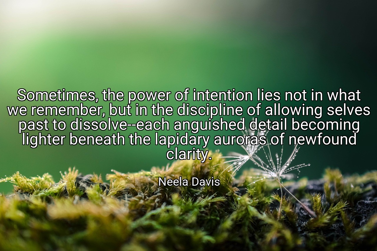 Sometimes, the power of intention lies not in what we remember, but in the discipline of allowing selves past to dissolve--each anguished detail becoming lighter beneath the lapidary auroras of newfound clarity. - Neela Davis