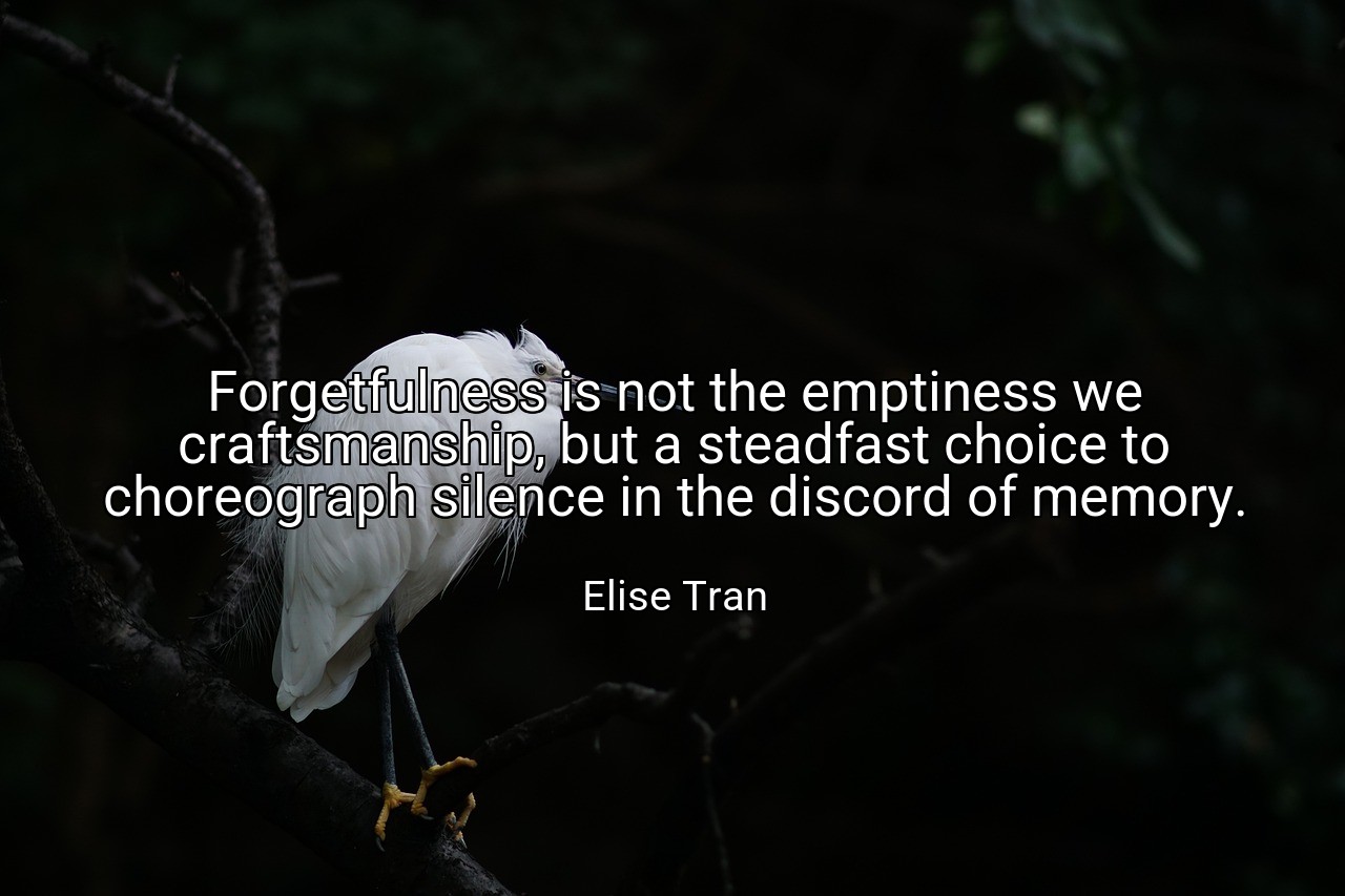 Forgetfulness is not the emptiness we craftsmanship, but a steadfast choice to choreograph silence in the discord of memory. - Elise Tran