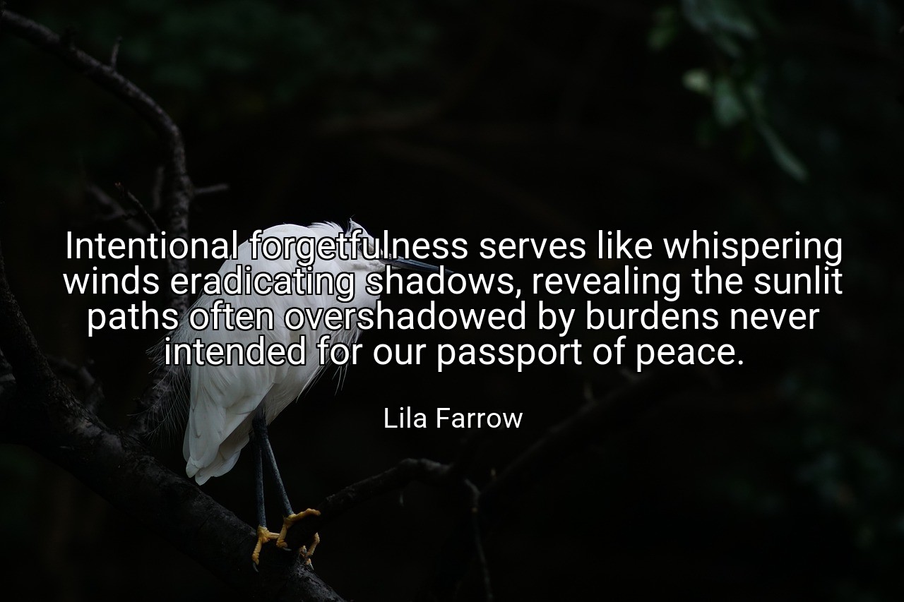 Intentional forgetfulness serves like whispering winds eradicating shadows, revealing the sunlit paths often overshadowed by burdens never intended for our passport of peace. - Lila Farrow