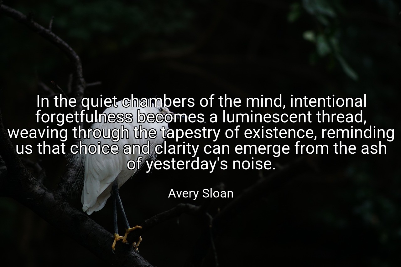 In the quiet chambers of the mind, intentional forgetfulness becomes a luminescent thread, weaving through the tapestry of existence, reminding us that choice and clarity can emerge from the ash of yesterday's noise. - Avery Sloan