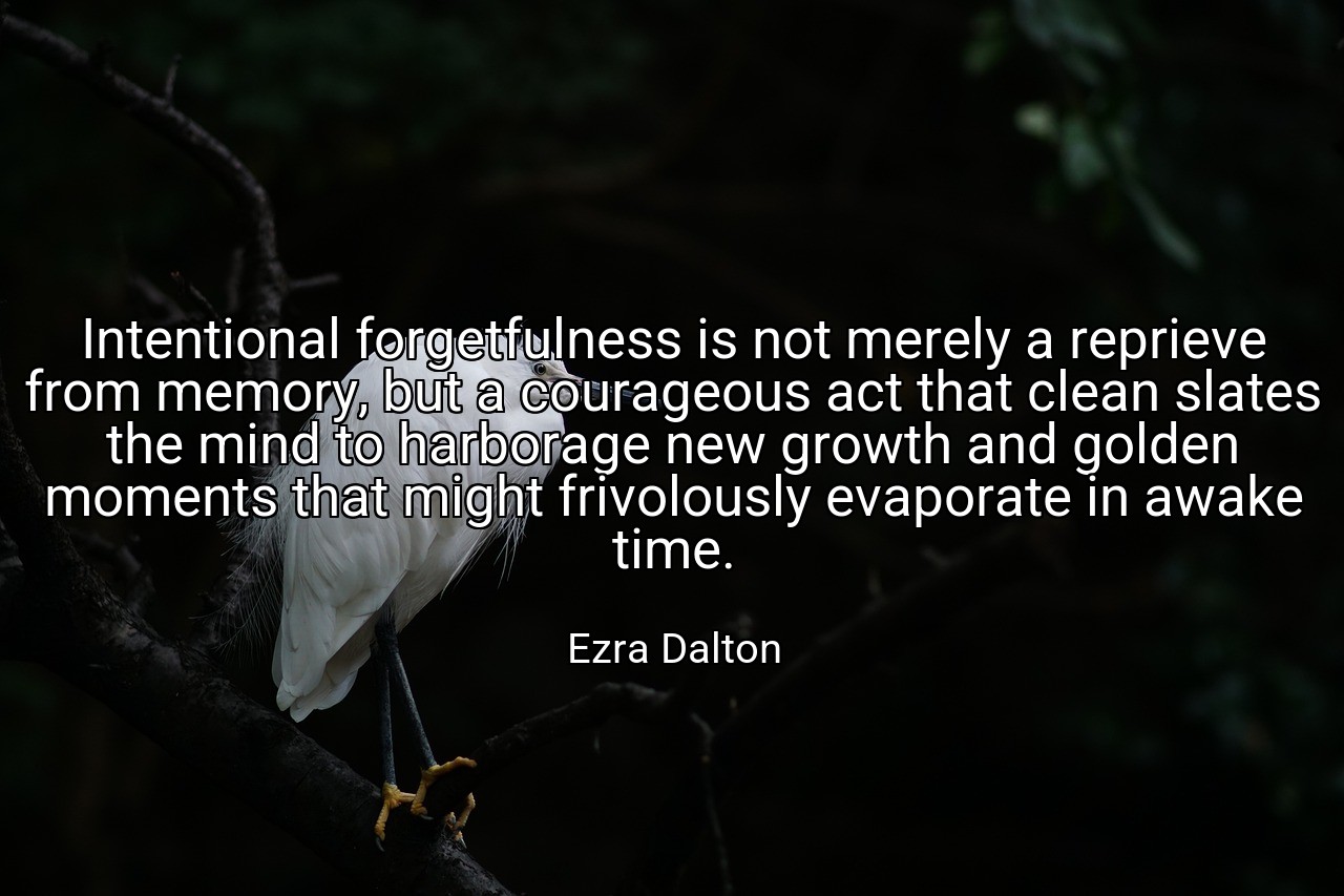 Intentional forgetfulness is not merely a reprieve from memory, but a courageous act that clean slates the mind to harborage new growth and golden moments that might frivolously evaporate in awake time. - Ezra Dalton