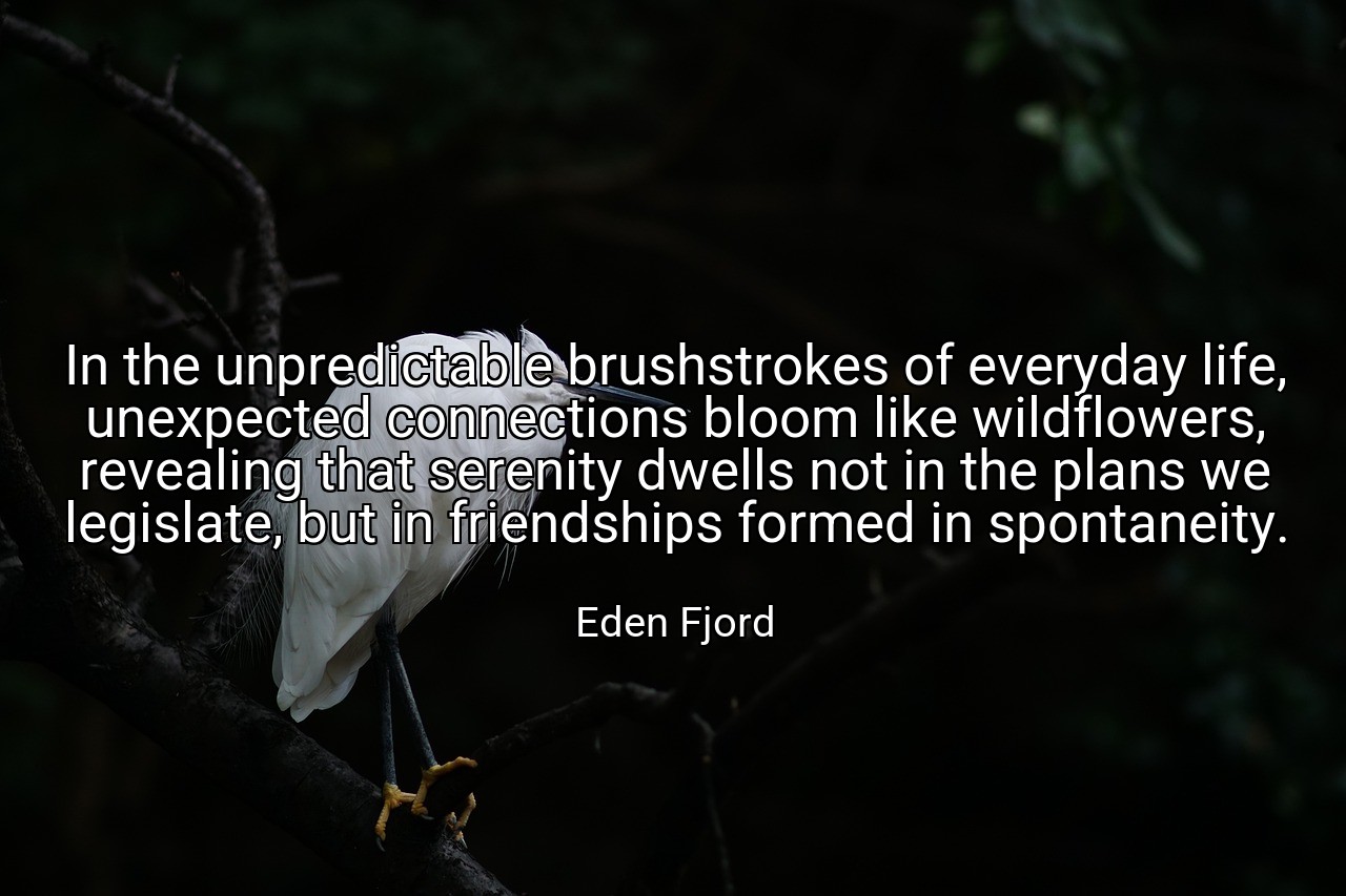 In the unpredictable brushstrokes of everyday life, unexpected connections bloom like wildflowers, revealing that serenity dwells not in the plans we legislate, but in friendships formed in spontaneity. - Eden Fjord
