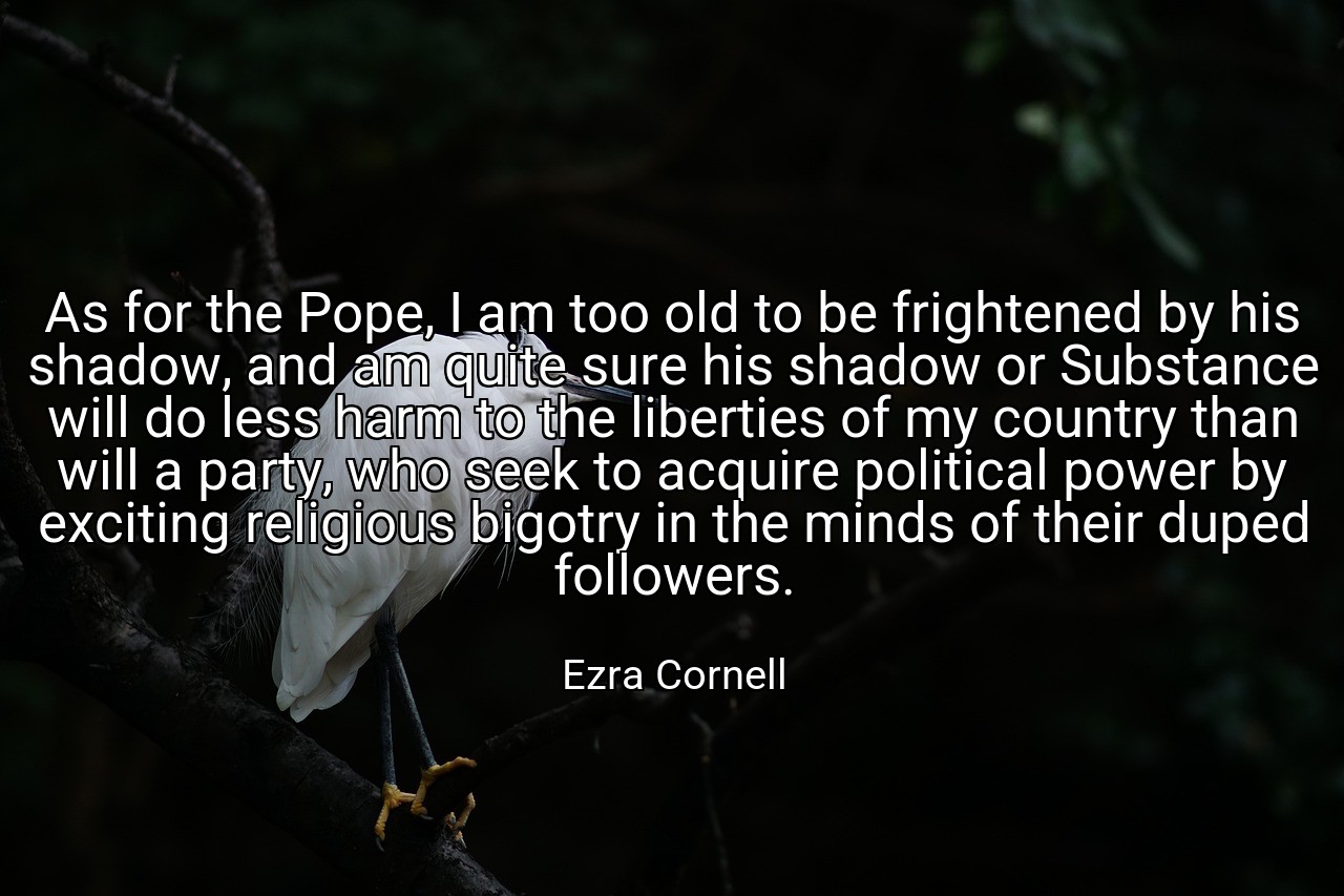 As for the Pope, I am too old to be frightened by his shadow, and am quite sure his shadow or Substance will do less harm to the liberties of my country than will a party, who seek to acquire political power by exciting religious bigotry in the minds of their duped followers. - Ezra Cornell