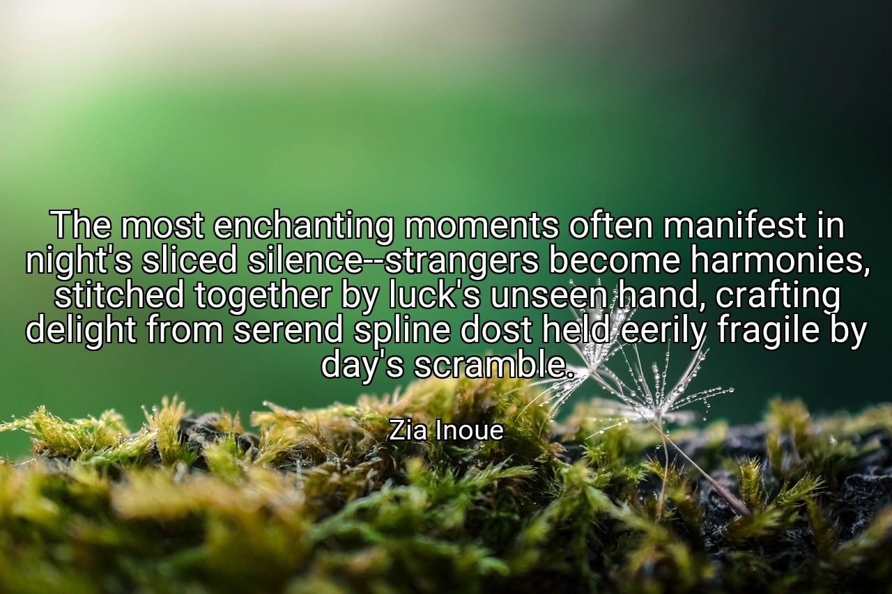 The most enchanting moments often manifest in night's sliced silence--strangers become harmonies, stitched together by luck's unseen hand, crafting delight from serend spline dost held eerily fragile by day's scramble. - Zia Inoue