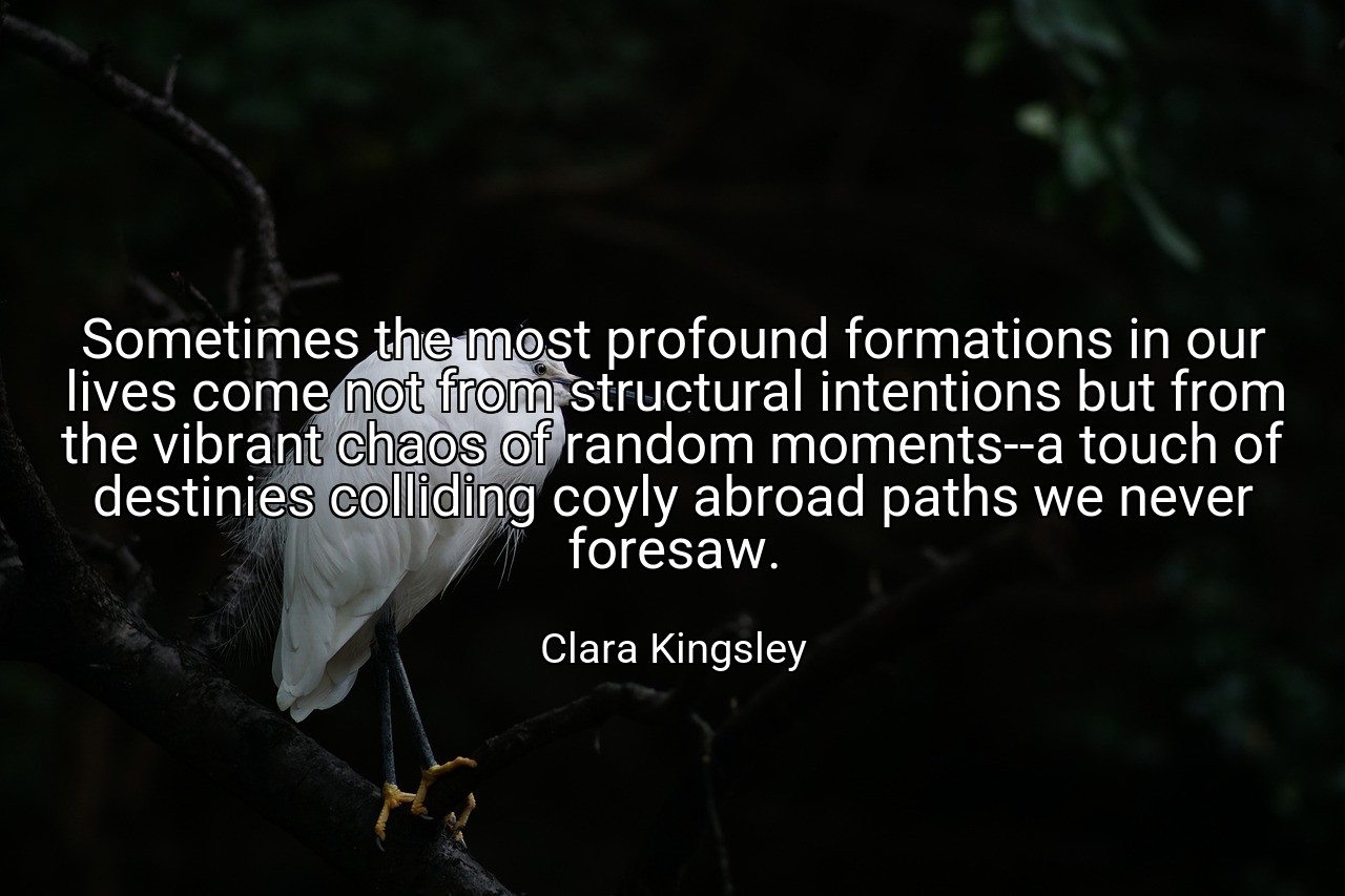 Sometimes the most profound formations in our lives come not from structural intentions but from the vibrant chaos of random moments--a touch of destinies colliding coyly abroad paths we never foresaw. - Clara Kingsley