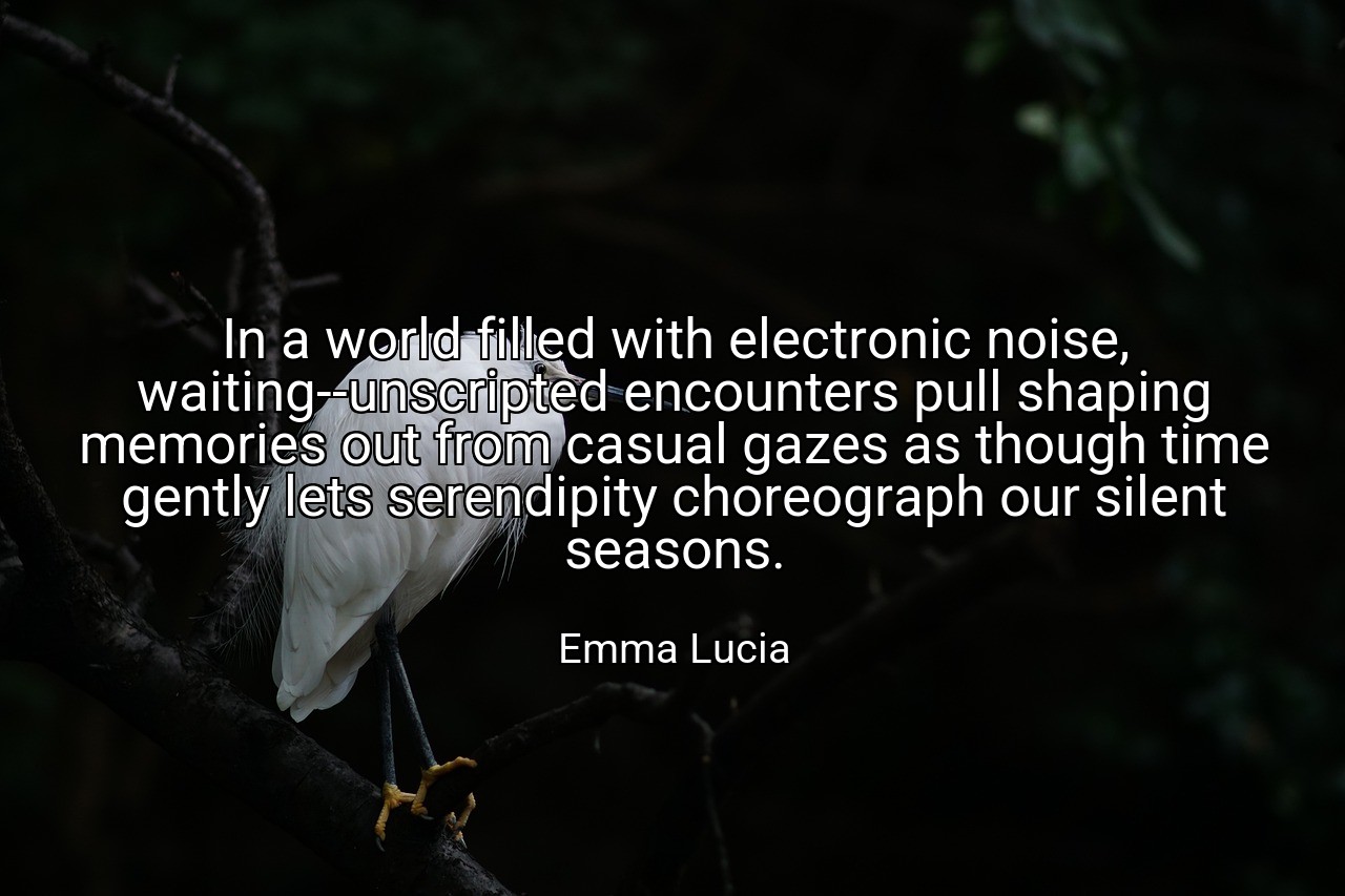 In a world filled with electronic noise, waiting--unscripted encounters pull shaping memories out from casual gazes as though time gently lets serendipity choreograph our silent seasons. - Emma Lucia