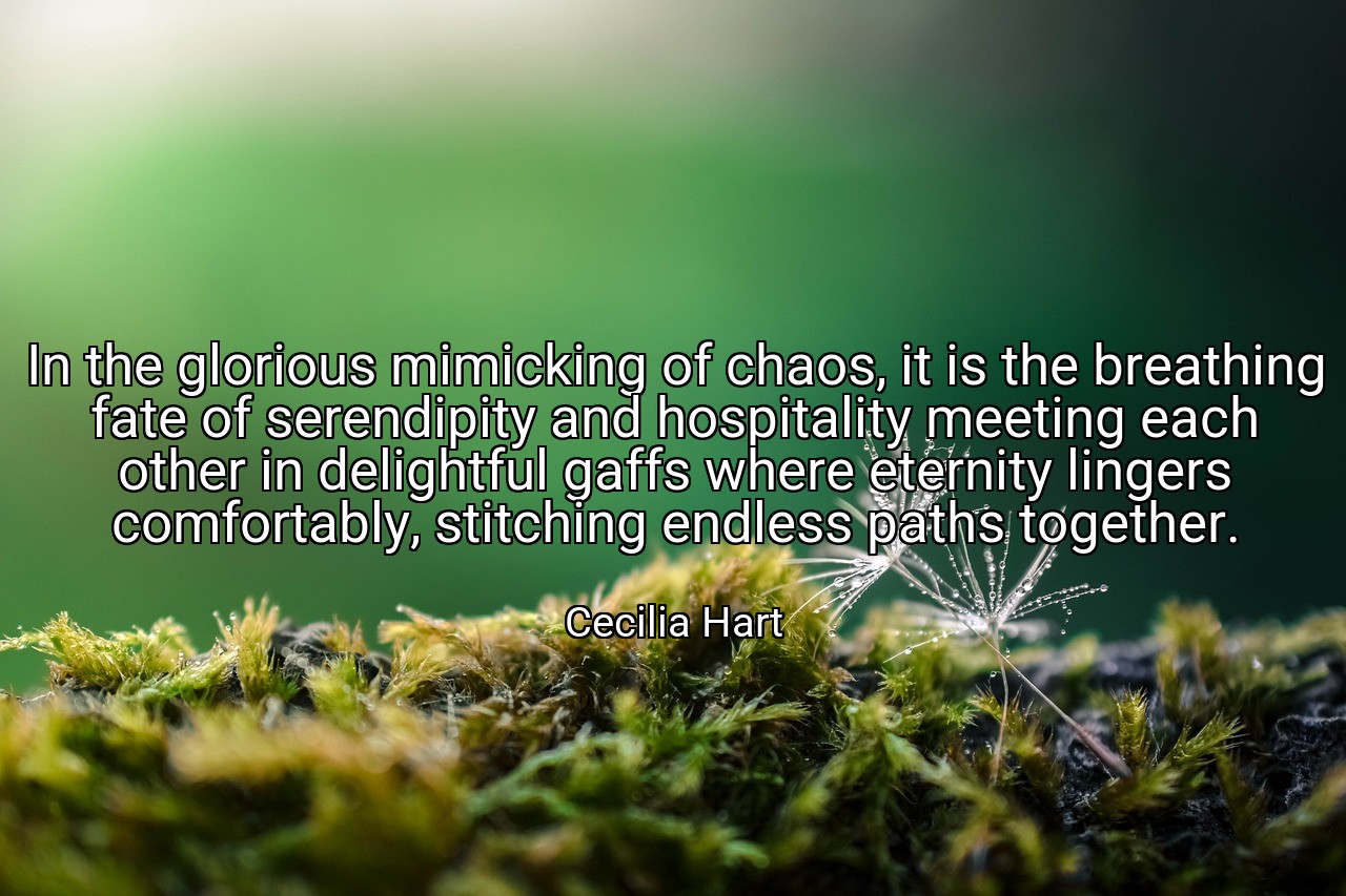 In the glorious mimicking of chaos, it is the breathing fate of serendipity and hospitality meeting each other in delightful gaffs where eternity lingers comfortably, stitching endless paths together. - Cecilia Hart
