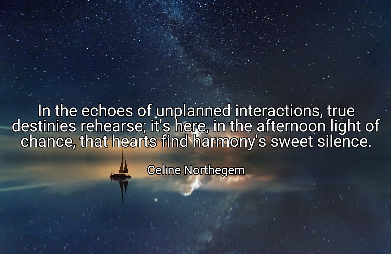 In the echoes of unplanned interactions, true destinies rehearse; it's here, in the afternoon light of chance, that hearts find harmony's sweet silence. - Celine Northegem