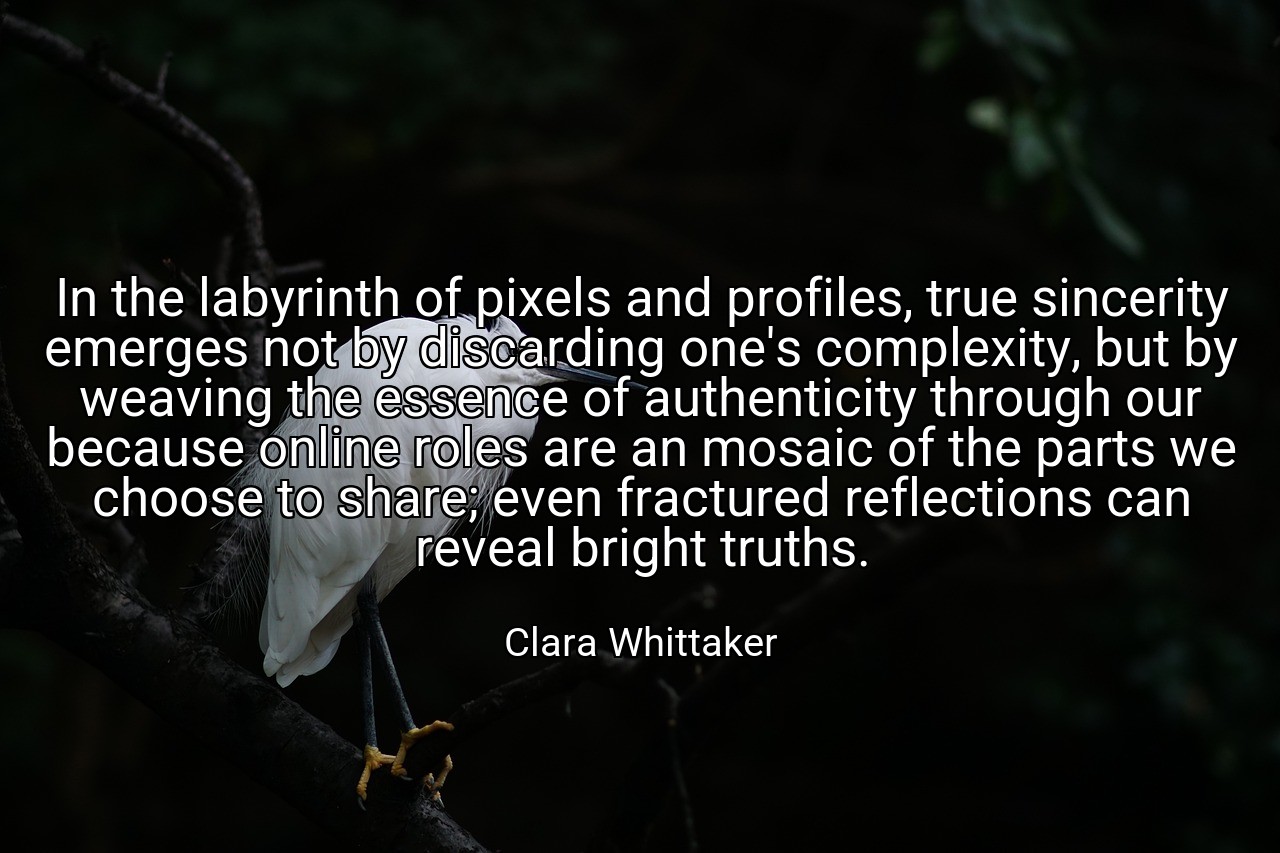 In the labyrinth of pixels and profiles, true sincerity emerges not by discarding one's complexity, but by weaving the essence of authenticity through our because online roles are an mosaic of the parts we choose to share; even fractured reflections can reveal bright truths. - Clara Whittaker