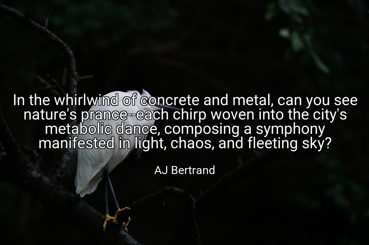 In the whirlwind of concrete and metal, can you see nature's prance--each chirp woven into the city's metabolic dance, composing a symphony manifested in light, chaos, and fleeting sky? - AJ Bertrand