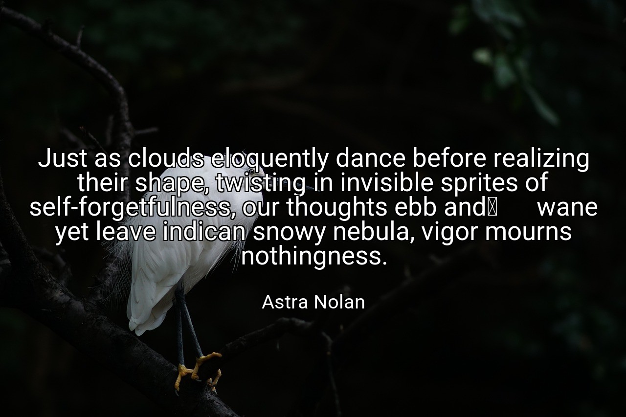 Just as clouds eloquently dance before realizing their shape, twisting in invisible sprites of self-forgetfulness, our thoughts ebb and	      wane yet leave indican snowy nebula, vigor mourns nothingness. - Astra Nolan