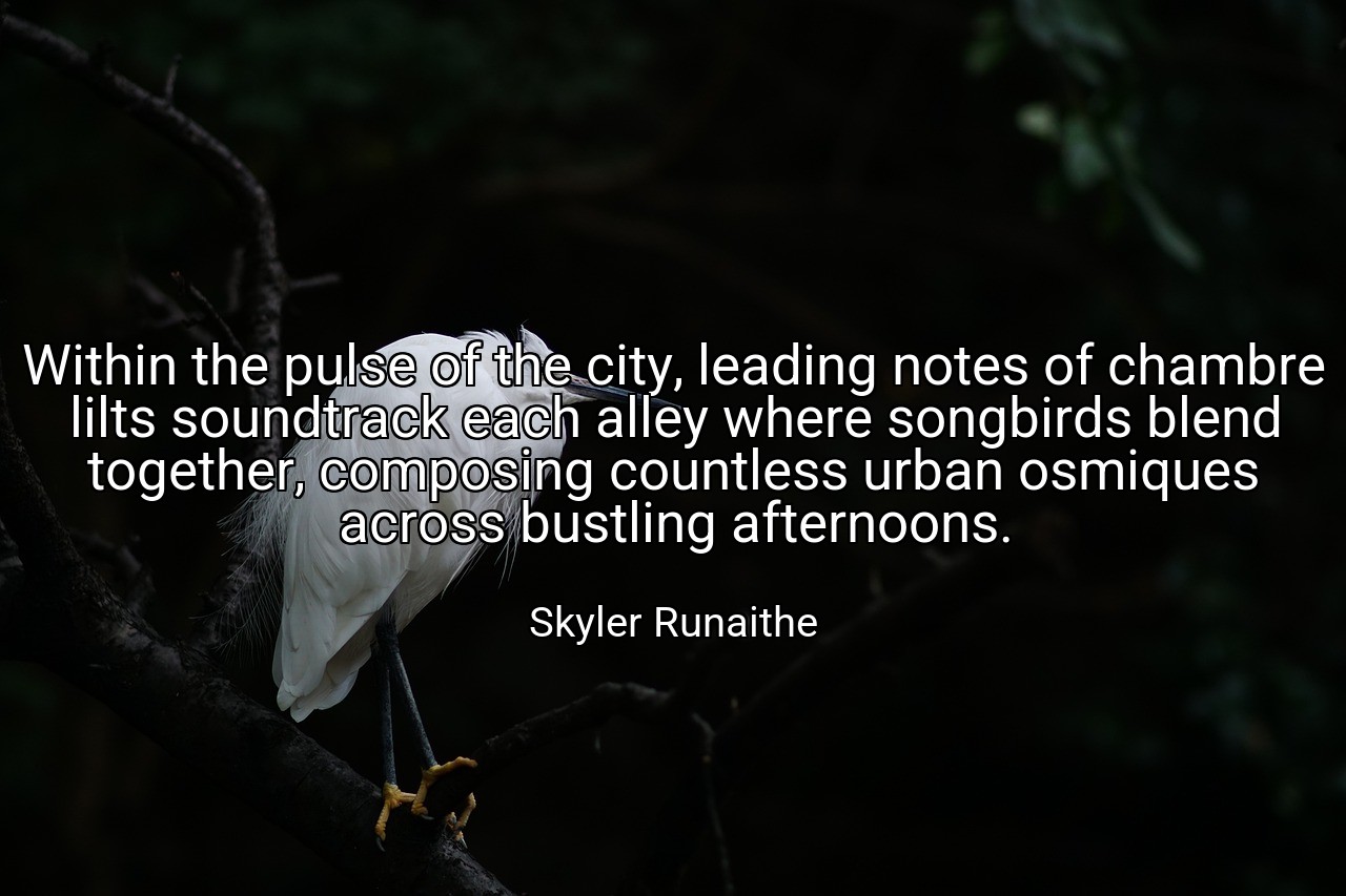 Within the pulse of the city, leading notes of chambre lilts soundtrack each alley where songbirds blend together, composing countless urban osmiques across bustling afternoons. - Skyler Runaithe