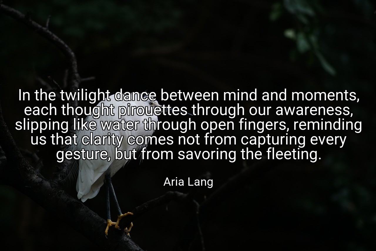 In the twilight dance between mind and moments, each thought pirouettes through our awareness, slipping like water through open fingers, reminding us that clarity comes not from capturing every gesture, but from savoring the fleeting. - Aria Lang