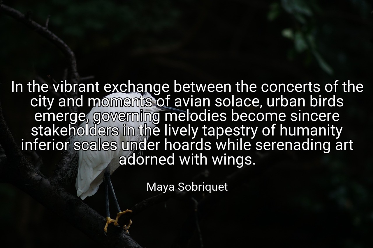 In the vibrant exchange between the concerts of the city and moments of avian solace, urban birds emerge, governing melodies become sincere stakeholders in the lively tapestry of humanity inferior scales under hoards while serenading art adorned with wings. - Maya Sobriquet