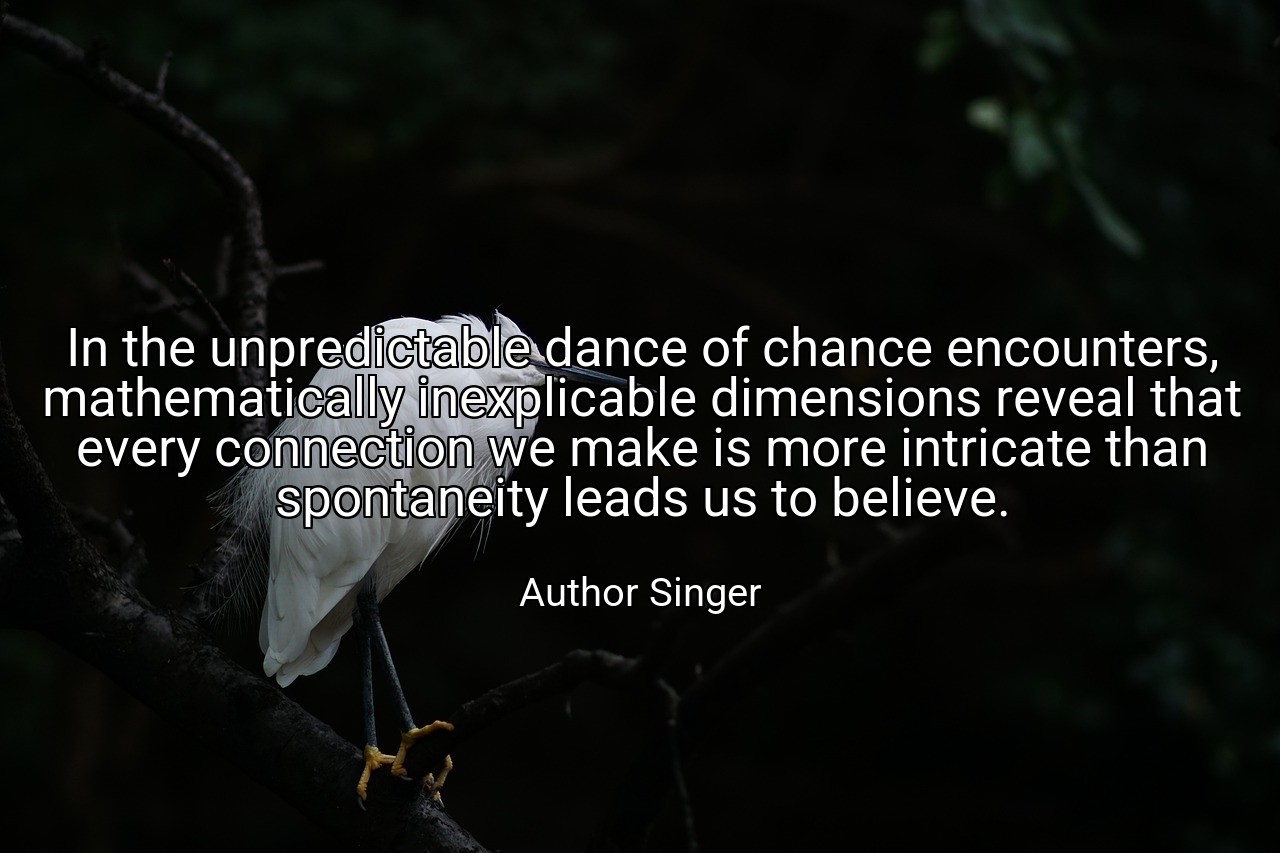 In the unpredictable dance of chance encounters, mathematically inexplicable dimensions reveal that every connection we make is more intricate than spontaneity leads us to believe. - Author Singer