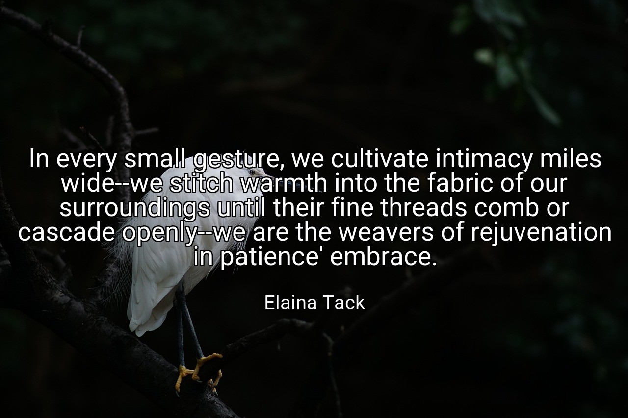 In every small gesture, we cultivate intimacy miles wide--we stitch warmth into the fabric of our surroundings until their fine threads comb or cascade openly--we are the weavers of rejuvenation in patience' embrace. - Elaina Tack