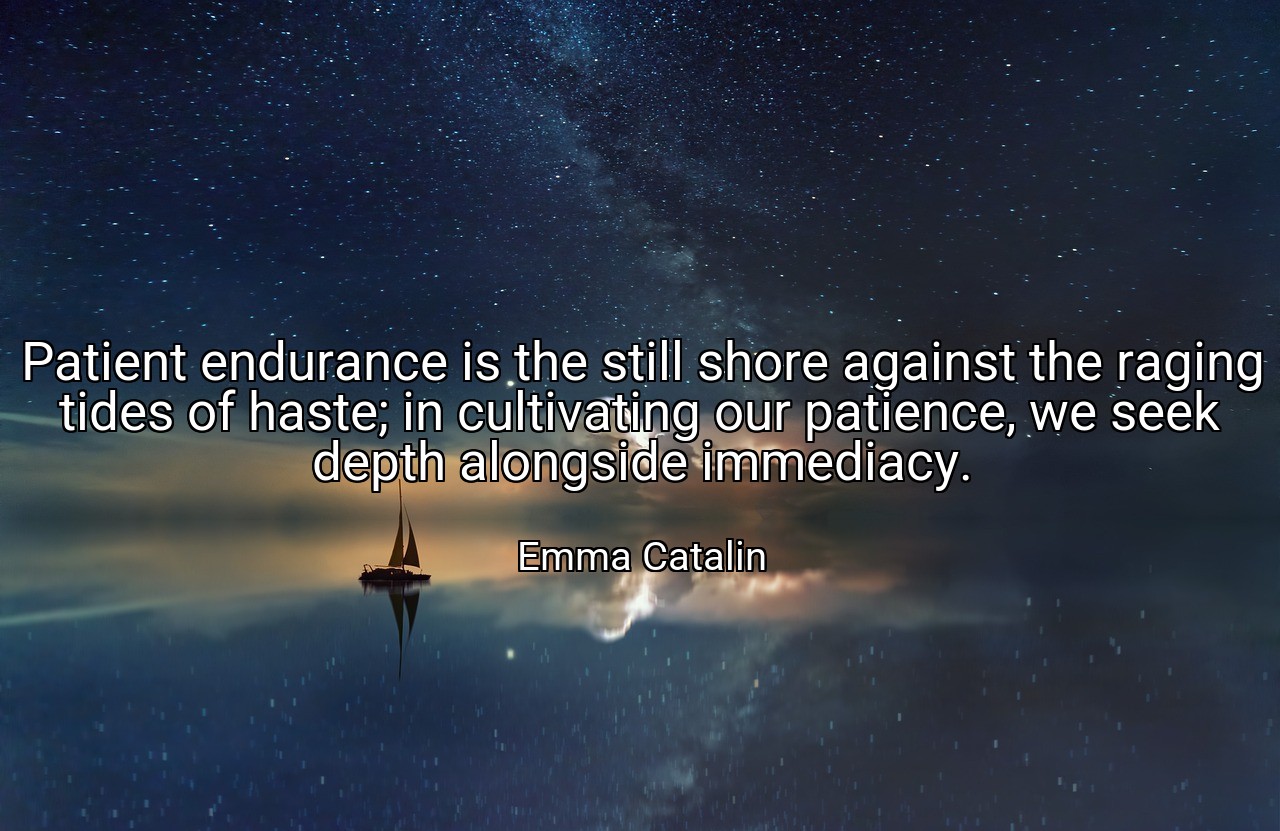 Patient endurance is the still shore against the raging tides of haste; in cultivating our patience, we seek depth alongside immediacy. - Emma Catalin