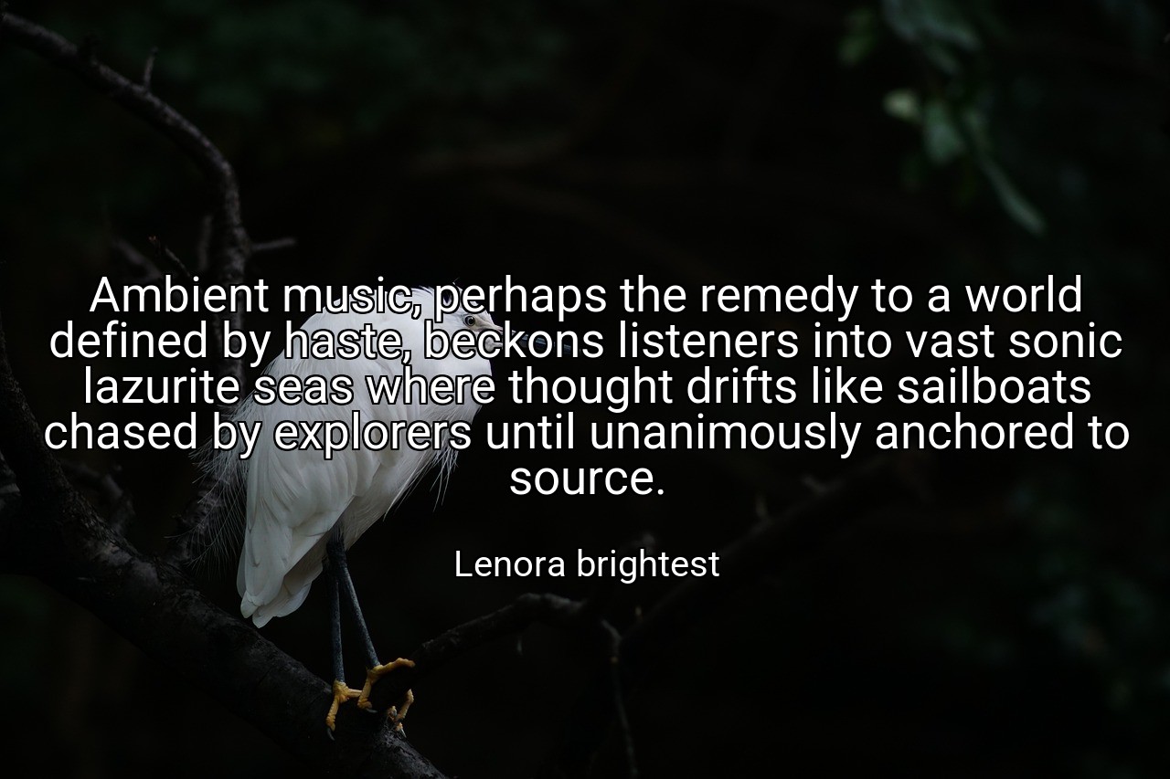Ambient music, perhaps the remedy to a world defined by haste, beckons listeners into vast sonic lazurite seas where thought drifts like sailboats chased by explorers until unanimously anchored to source. - Lenora brightest