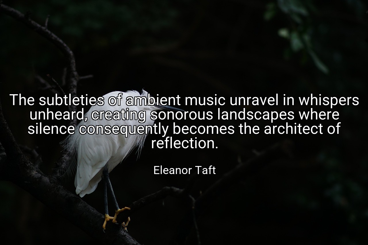 The subtleties of ambient music unravel in whispers unheard, creating sonorous landscapes where silence consequently becomes the architect of reflection. - Eleanor Taft