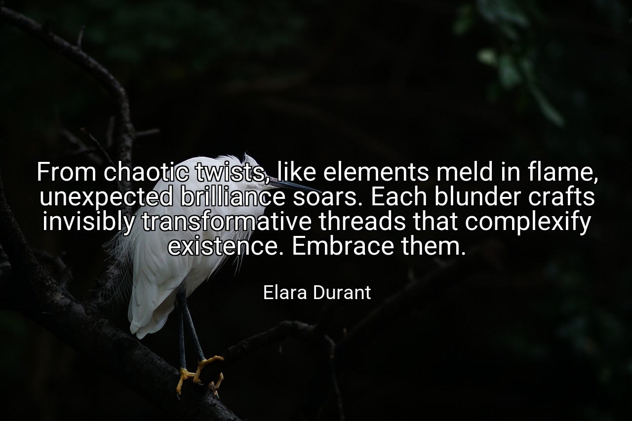 From chaotic twists, like elements meld in flame, unexpected brilliance soars. Each blunder crafts invisibly transformative threads that complexify existence. Embrace them. - Elara Durant